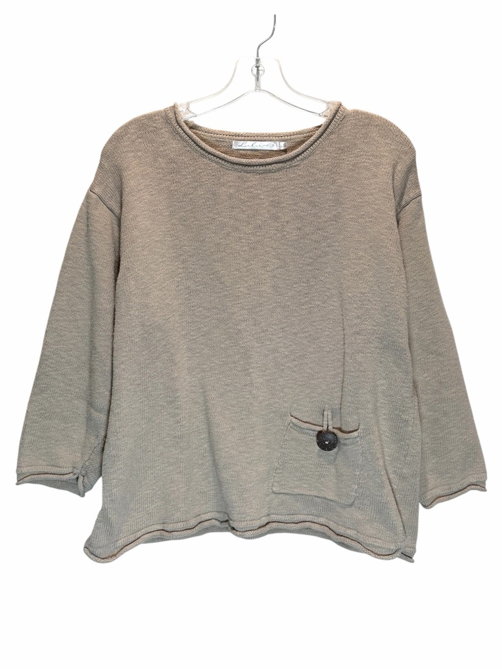 Lulu B. Taupe Nubby Cotton Boxy Sweater w/ Rolled Neck & Hem, 3/4 Sleeves - L/XL